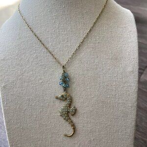 Catherine Popesco Blue Stone Seahorse Animal Pendant Necklace France Gold Tone